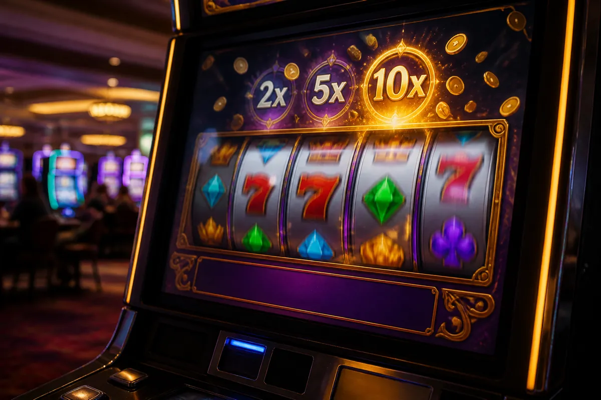 Slotmaskin i en bonusrunda med multiplikatorsymboler