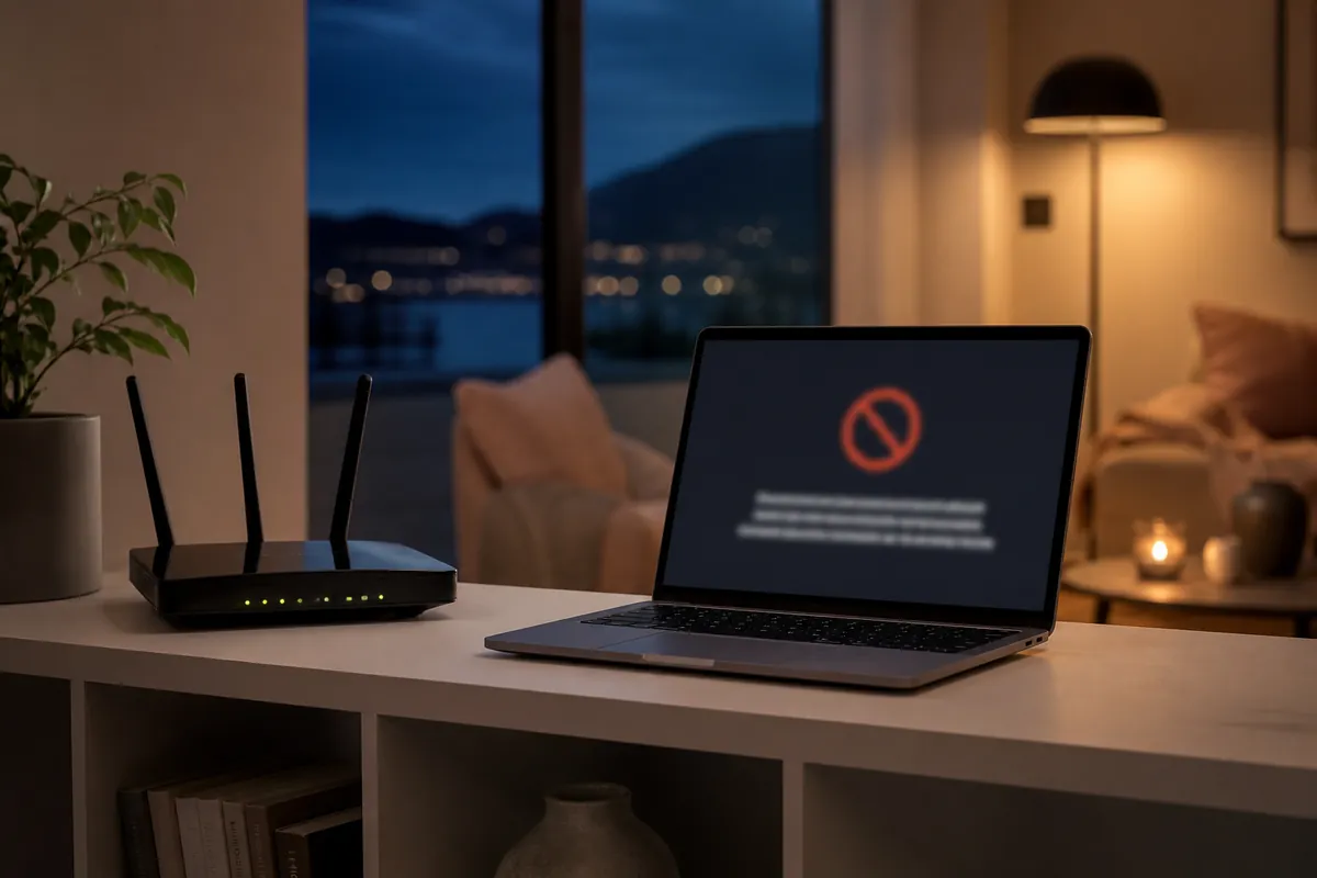 Router och dator där en blockerad spelsajt visas