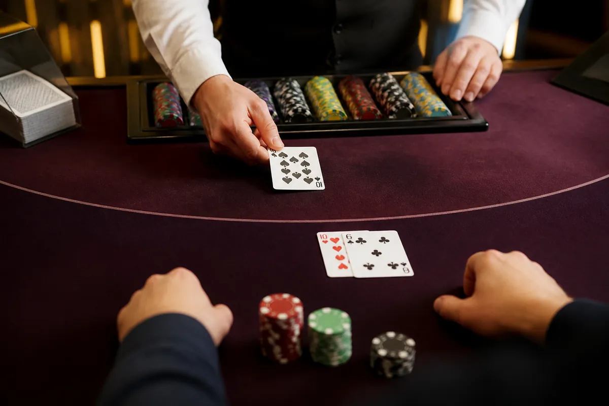 Blackjackbord där spelaren har 16 mot dealerns tia