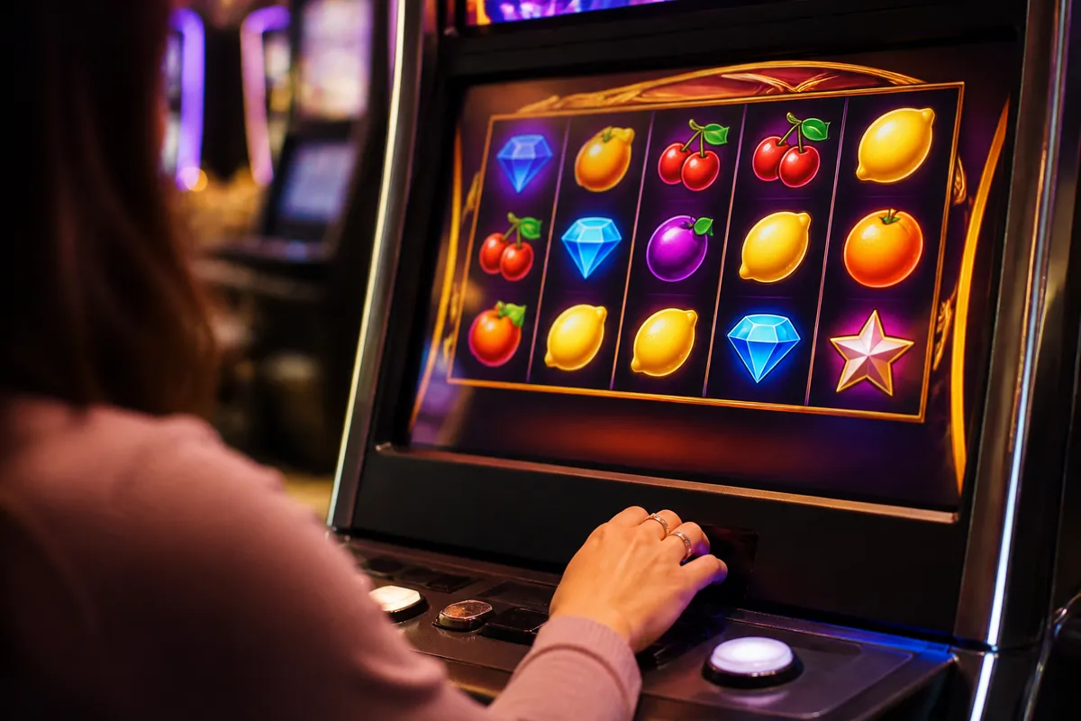 Närbild av en spelautomat med fem hjul i ett dämpat ljus