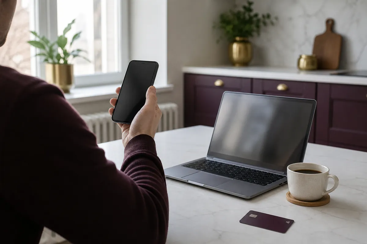Mobilen i handen vid köksbordet – legitimeringen med BankID tar en minut