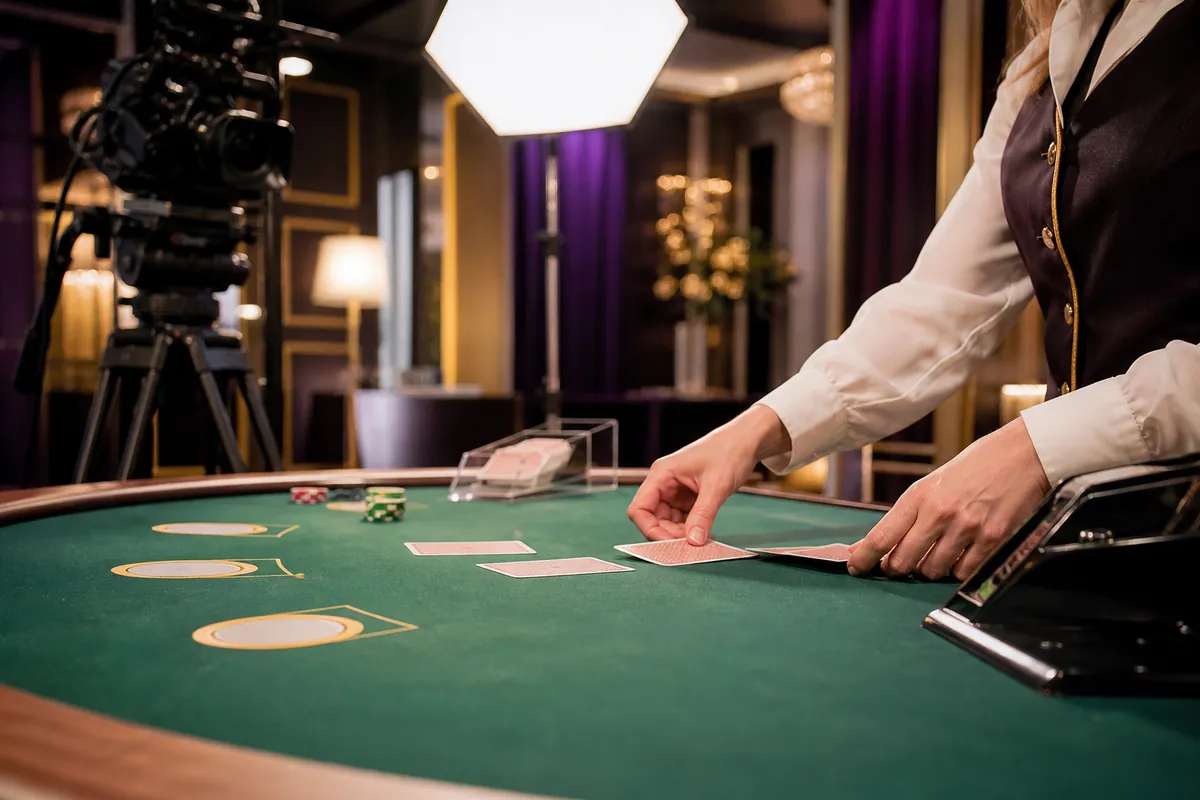Dealer delar ut kort vid ett blackjackbord i en live casino-studio