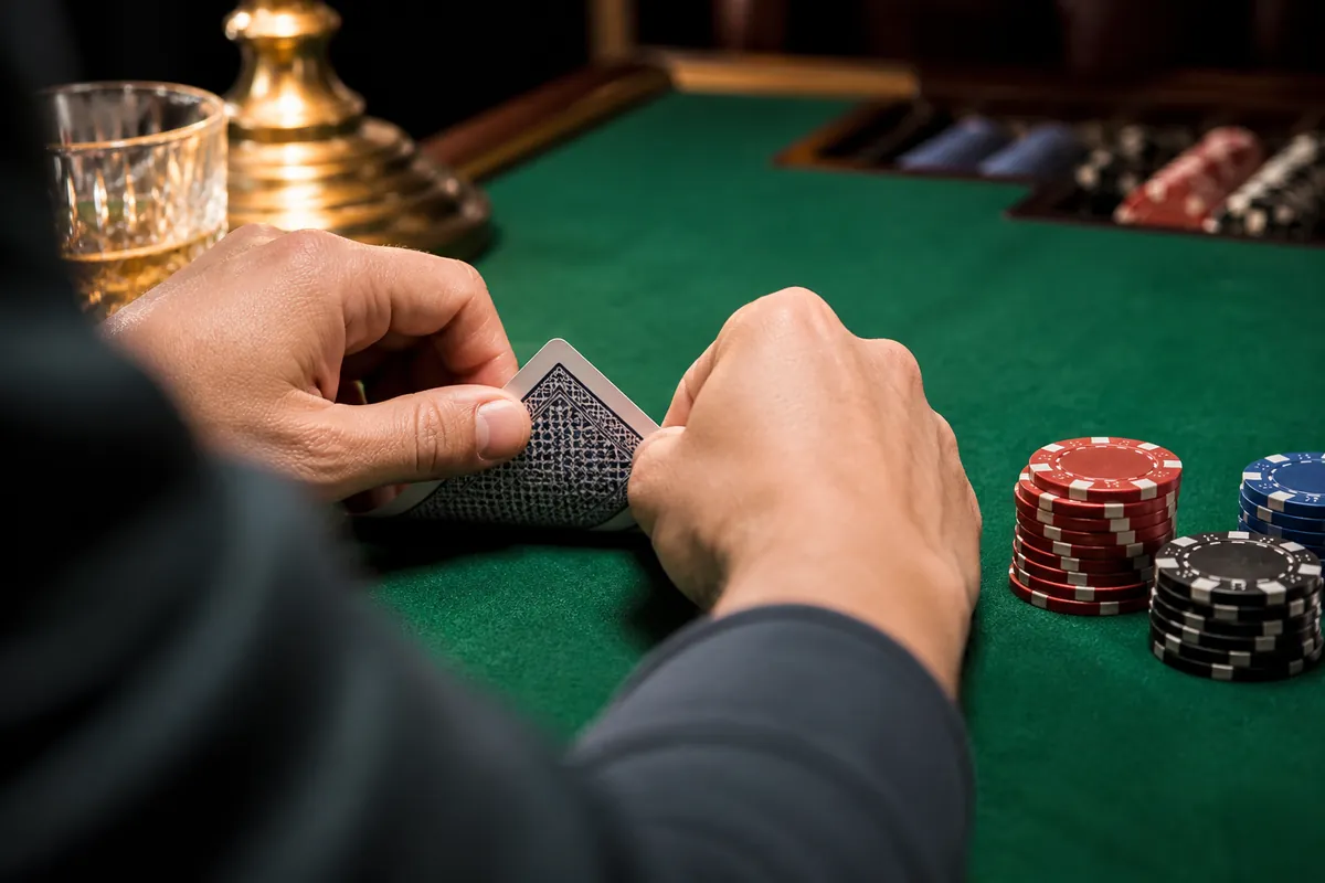 Spelare kikar på sina två egna kort vid ett pokerbord